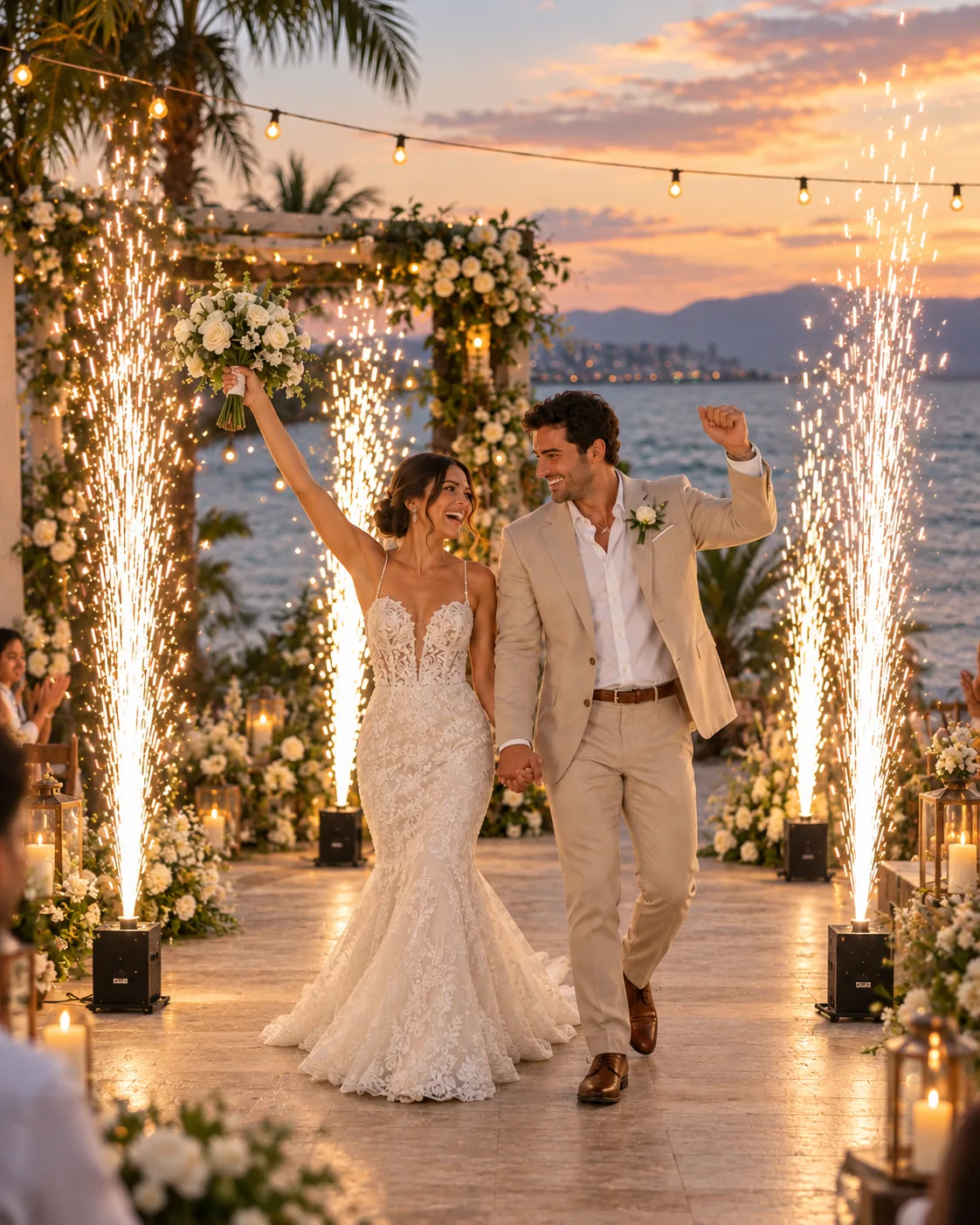 Novios entre chisperos al atardecer