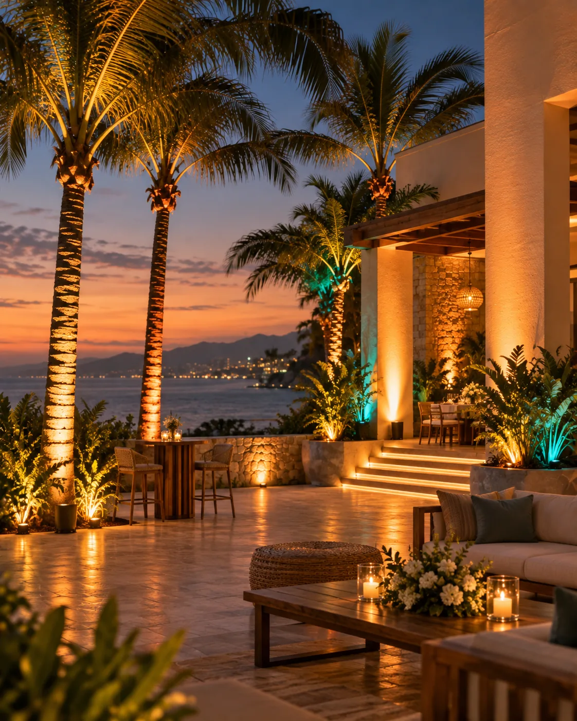 Palmeras con iluminación ambiental